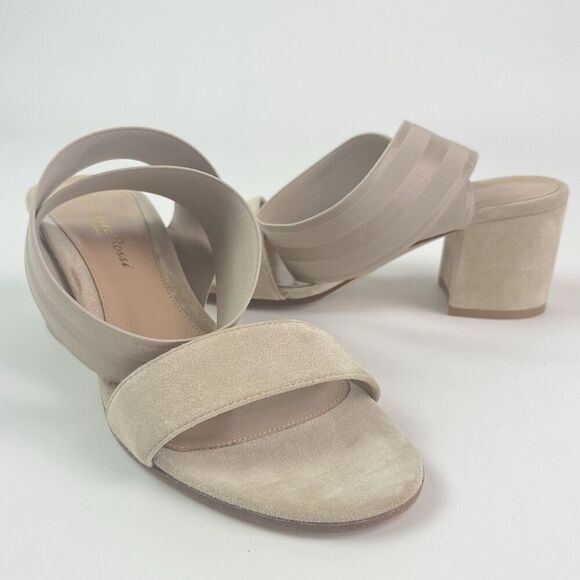 Gianvito Rossi Emily Suede Block Heel Sandal 37.5 US 7.5 Beige Minimalist Chic - Picture 1 of 13